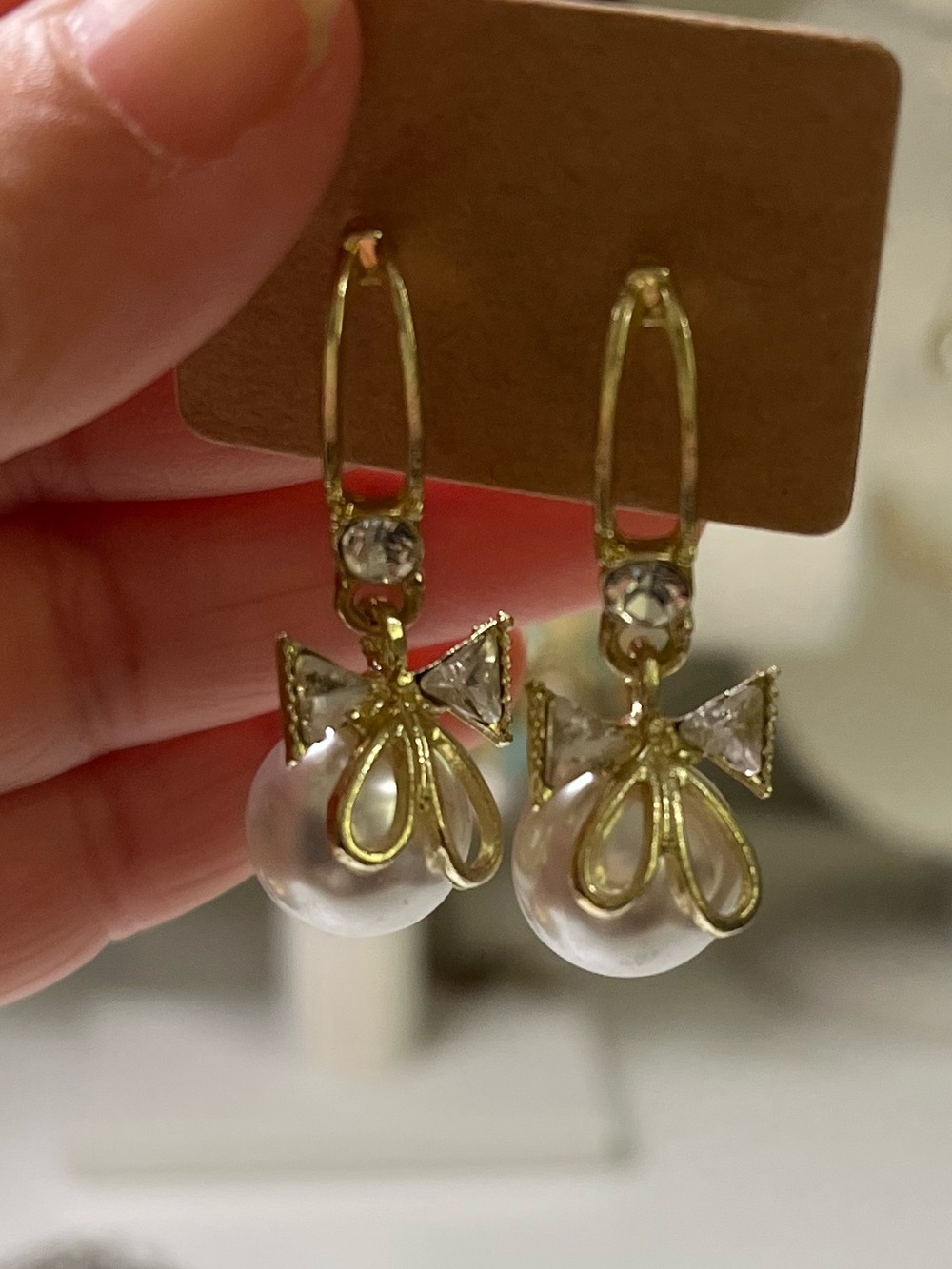 Gold Tone Bow Faux Pearl Drop Earrings